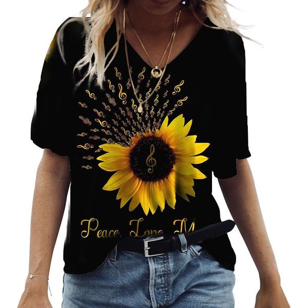 Letni T-Shirt Z KróTkim RęKawem I Dekoltem W Serek, Nowy Top Damski, Casualowy T-Shirt, T-Shirt Z Nadrukiem 3D SłOnecznika XS Black-image