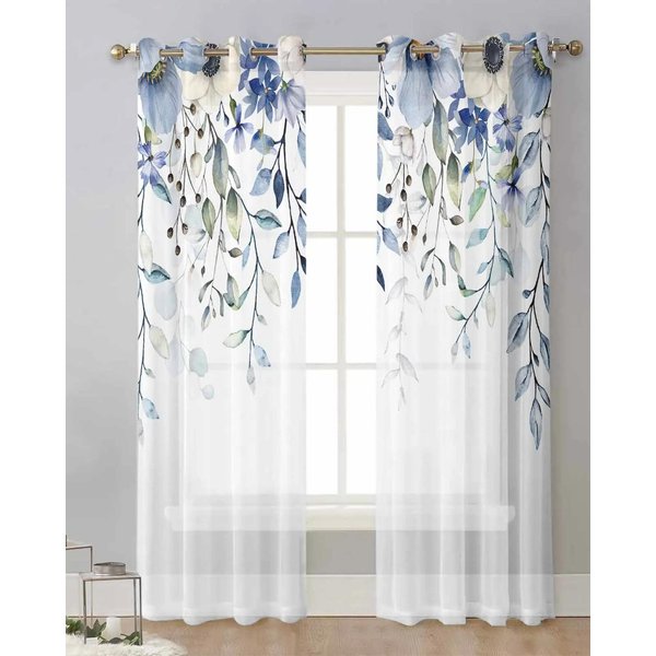 Kwiaty Akwarelowe RośLiny LiśCie Niebieskie Tiulowe ZasłOny Salon Kuchnia Przezroczyste ZasłOny Okienne ZasłOny Z Woalu Z Przelotkami W110X240H(Cm)X2Pcs&Grommet Top-image
