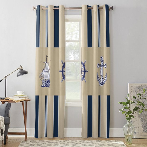 Paski Kotwica Steru Statku ZasłOny Do Sypialni Salonu Dekoracje Okienne ŻAluzje Kuchenne Dekoracje Domowe Draperie 135W X 160H(Cm) X1-image