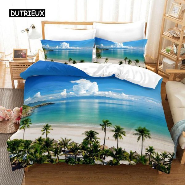 Zestaw Poszewek Na KołDrę Ocean Dekoracja Letnia PlażA Hawajskie Wakacje PośCiel Drzewo Palmowe Tropikalne Morze Poliestrowa Poszewka Na KołDrę EU Single(135X200Cm)-image