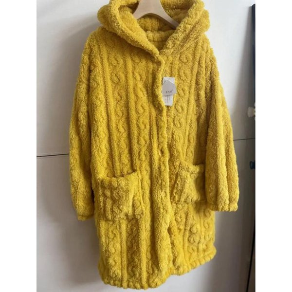 Conjunto De Albornoz De Invierno CáLido Para Mujer De 2 Piezas Albornoces De Terciopelo Coral Para CamisóN Suelto Con Capucha Tipo Kimono De Franela Para Mujer L Yellow-image
