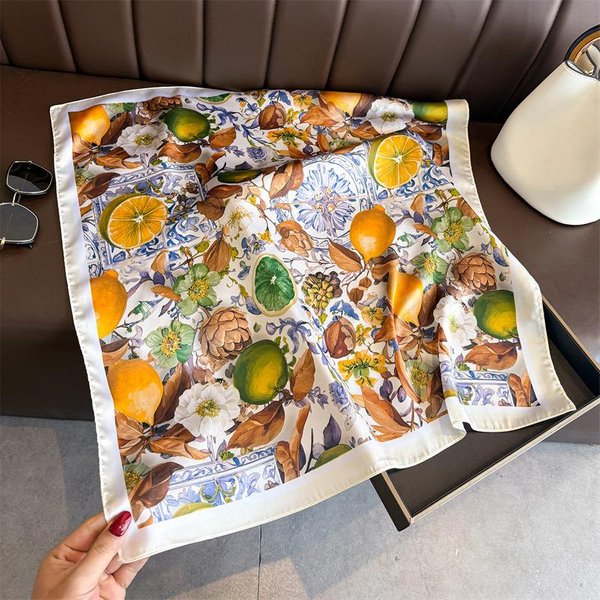 Modne Drukowane Jedwabne Opaski Do WłOsóW Letni Cytrynowy Szalik Damskie Nowe Eleganckie Bandany Chustki Na Szyję Opaski Na GłOwę Foulard Damskie Szaliki 70X70Cm Brown-image