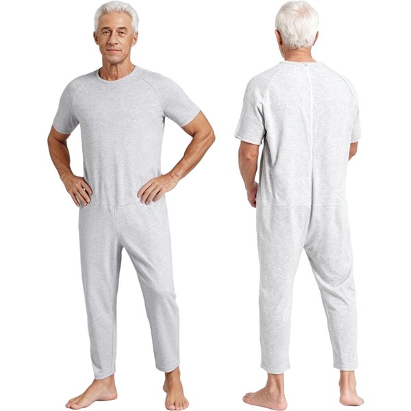 Mono Adaptativo Para Hombre XS-3XL: Color SóLido Cuello Redondo Manga Corta Con Cierre De Cremallera En La Espalda Para Necesidades Especiales Y Pacientes Mayores S White-image