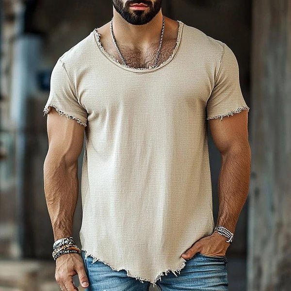Camiseta De Manga Corta Ajustada Para Hombre, Color Liso, Con Dobladillo Deshilachado XL Caqui-image