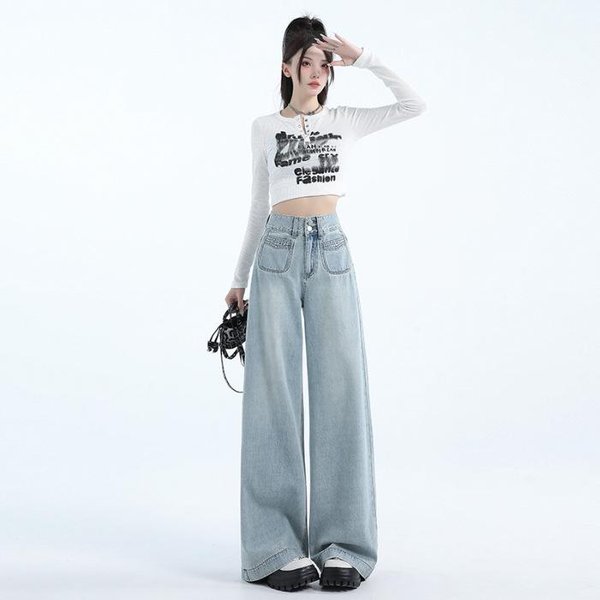 Jeans Retro De Cintura Alta Y Pierna Ancha Para Mujer OtoñO Casual Y VersáTil Pantalones Rectos Holgados De Pierna Ancha Para Mujer OtoñO XL Gray-image