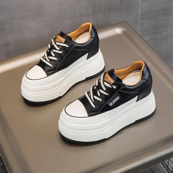 Zapatillas Chunky De Cuero Genuino Para Mujer Casuales Con Cordones Zapatos De Plataforma Plana Para Mujer Zapatos De Suela Gruesa Zapatillas De OtoñO Invierno 40 Black-image