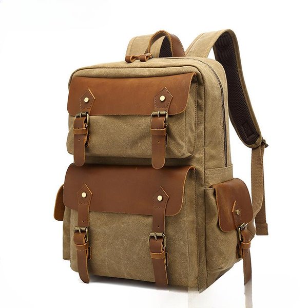 Mochila Bolsa De Estudiante Retro Hombro Bolsa De Viaje Deportes Al Aire Libre Impermeable Lona Encerada Bolsa De Viaje Caqui-image