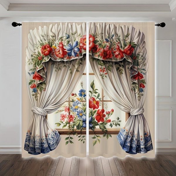 2 Szt. Europejski Styl Retro 3D Drukowane Przezroczyste ZasłOny Wielosceniczne Poliestrowe Kieszenie Na DrążEk Dekoracyjne ZasłOny Do Salonu 150W166H(Cm)59X65In&Grommet Top-image