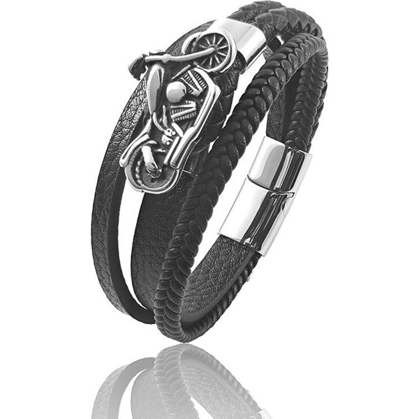 Akcesoria Motocyklowe Klasyczna SkóRzana Bransoletka MęSka Moda Stal Nierdzewna Klamra Dla Przystojnych ChłOpcóW BiżUteria Na Urodziny Prezent 22Cm Srebro-image
