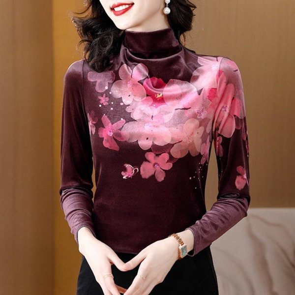Camiseta De Manga Larga Con Estampado De Terciopelo Y Cuello Alto A Mitad De Camino Para Mujer, Camisa De Primavera, Top Con Temperamento Que Reduce La Edad 2XL Black-image