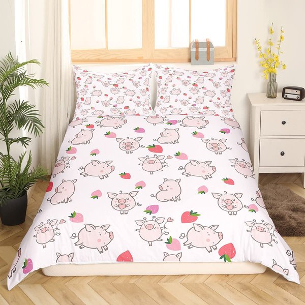 RóżOwy Zestaw PośCieli KróL KróLowa ŚPiąCa ŚWinka Poszwa Na KołDrę Dla Dzieci ChłOpcóW DziewcząT Kawaii ZwierzęTa Poszwa Na KołDrę Z 2 Poszewkami Na Poduszki EU Single(135X200Cm)-image