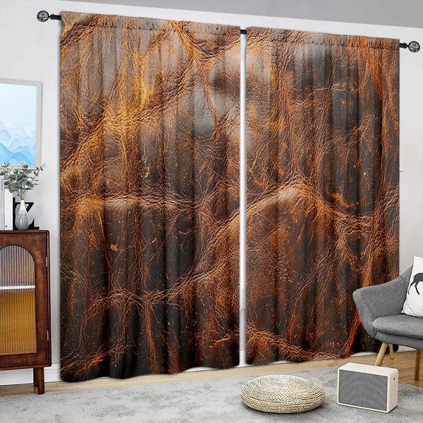 2 Szt. BrąZowa SkóRzana Drukowana ZasłOna Do Dekoracji Domu - Kieszeń Na Karnisz, Dekoracja Okienna Do Sypialni, Biura, Kuchni, Pokoju Dziennego 75Cmx165Cm X 2Pcs-image