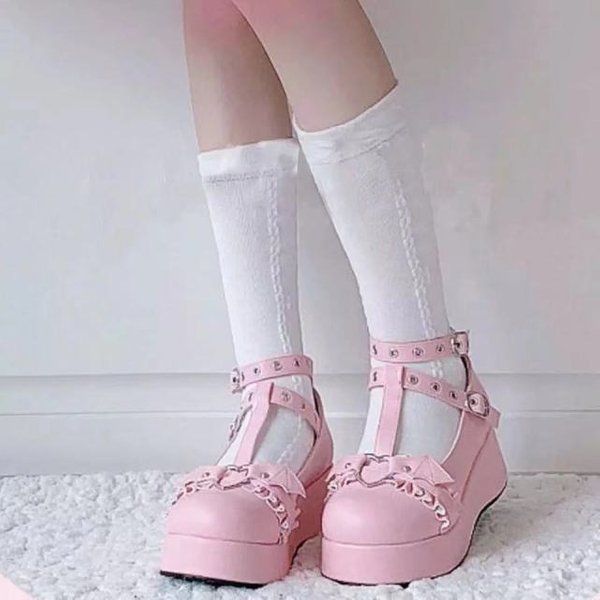 CuñAs De Plataforma Para NiñAs Angel Bat Mary Janes Zapatos De TacóN Doble Hebilla Zapatos De TacóN Para Mujer Nuevos INS Cosplay Lolita Zapatos De Cuero 43 Color Rosa-image