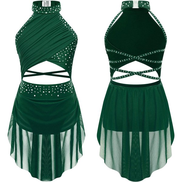DziecięCe DziewczęCe Liryczne WystęPy Taneczne Kostium łYżWiarstwo Figurowe Balet Gimnastyka Trykot Sukienka Bez RęKawóW Rhinestone Dancewear 7-8 Years Zielony-image