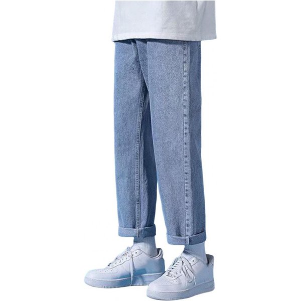 Jeans Para Hombre Pierna Recta Ancha Ajuste Holgado Pantalones De Mezclilla Cremallera BotóN Bolsillos Color SóLido Pantalones De Mezclilla Casuales Pantalones Largos Streetw XL Azul-image