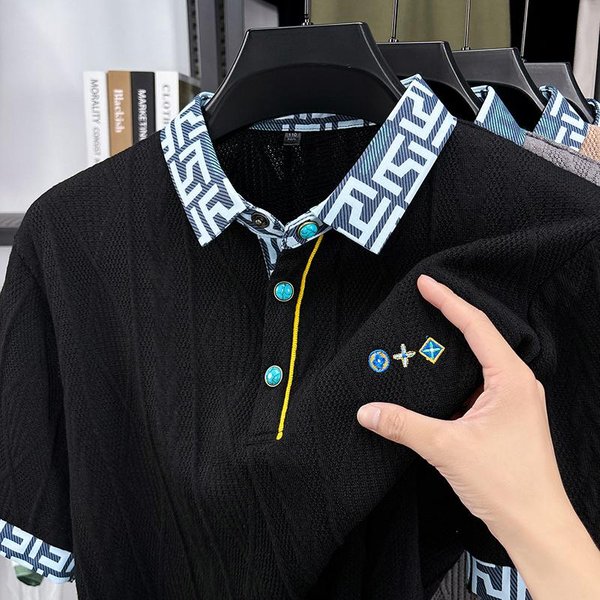 Camisa Polo De Lujo Para Hombre Con Cuello Solapa Camiseta De Manga Corta Verano Exquisito Bordado Tejido Resistente A Las Arrugas Ropa De Hombre Top 4XL Negro-image