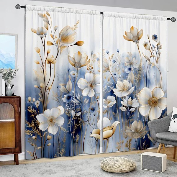 2 Piezas Exquisita Cortina Estampada Estilo Flor Blanca Para DecoracióN Del Hogar - Tratamiento De Ventana Con Bolsillo Para Barra Para Dormitorio, Oficina Y Cocina 52.5Cmx116Cmx2Pcs-image