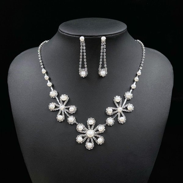 JoyeríA Nupcial De Dos Piezas, DecoracióN Para FotografíA De Boda, Moda Lleno De Diamantes Girasol Perla Collar Pendientes Mujer Plata-image