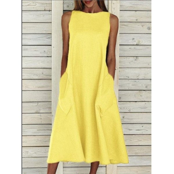 Yyfs Vestidos Casuales De Moda Para Mujer Verano Primavera Color SóLido Estampado Sin Mangas Cuello O Cintura Suelta XL-image