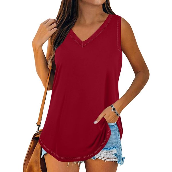 Camiseta De Verano Sin Mangas Informal De Color SóLido Con Cuello En V Para Mujer Xxxl-image