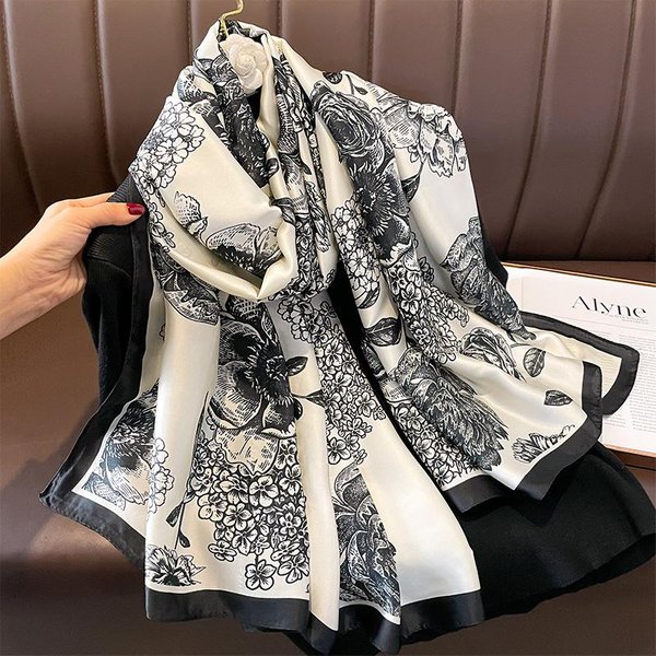 180*90Cm Lujo Verano Mujer Bufandas De Seda Chal Envoltura Para Dama Suave Femenino DiseñAdor Europeo Bandana De Playa Foulard Bufanda Pareo One Size Black-image