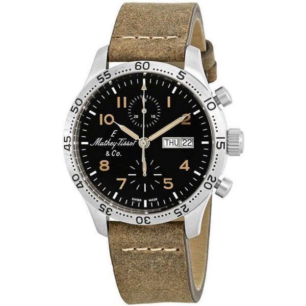 Reloj AutomáTico Mathey-Tissot Type 21 Con CronóGrafo Y Esfera Negra De Piel AutéNtica H1821CHATLNO Para Hombre-image