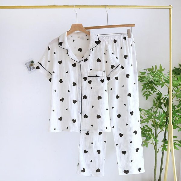 Conjunto De Pijama De Verano Para Mujer, Nuevo, 100 % AlgodóN Crepé, Manga Corta, PantalóN, Dos Piezas, Fino, Sencillo, Talla Grande M White-image