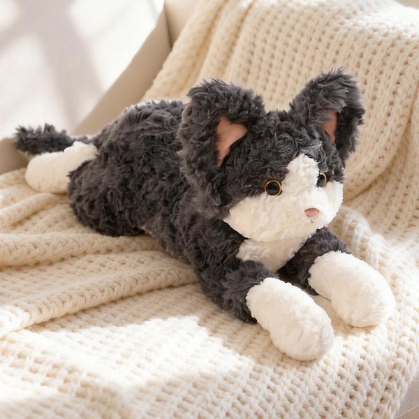 Pluszowa Zabawka Kot LeżąCy 50 Cm Kot Rasy Devon Rex Pluszowa Lalka MięKka Wypchana ZwierząTko Lalka Prezent Urodzinowy 50Cm Kolor Szary-image