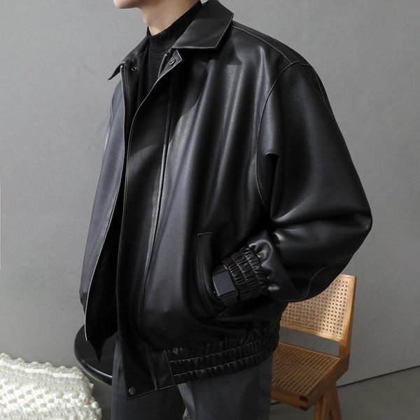 Chaqueta De Cuero Para Hombre Primavera Y OtoñO Nueva Chaqueta De Cuero Holgada Motociclista Para Hombre Estilo Coreano Trendy Casual L Gray-image