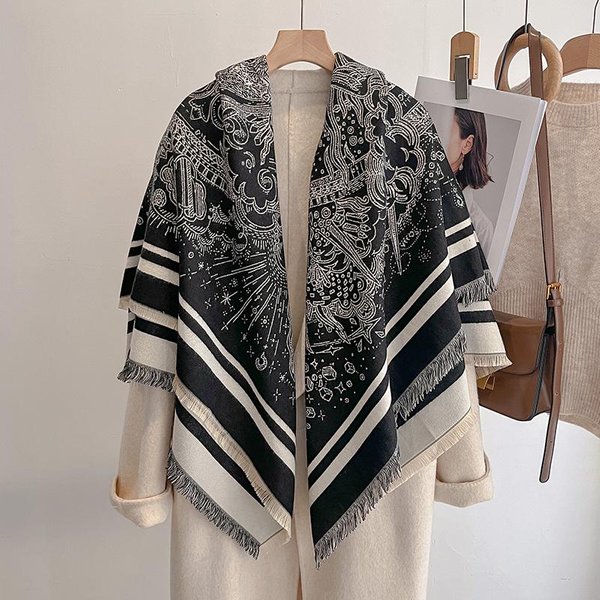 Luksusowy Zimowy Szalik Damski Z Kaszmiru - Vintage Szal Z Nadrukiem I FręDzlami, Pashmina Wrap & Poncho Bandana Black-image
