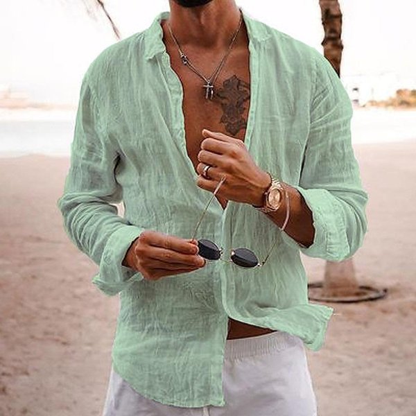 Nueva Camisa De Manga Larga Para Hombre De Mezcla De AlgodóN Y Lino Camisa De Color Liso Con Solapa Estilo Casual M Verde Claro-image