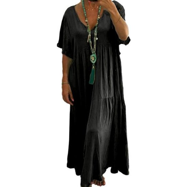 Letnia Lniana Sukienka Plus Size Dla Kobiet LuźNa Z KróTkim RęKawem I Dekoltem W Serek DłUga Sukienka Codzienna PlażOwa Zwiewna Sukienka Letnia Z Kieszeniami Xxxxl Black-image