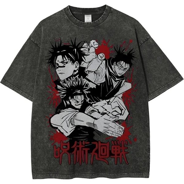 Camiseta Choso Jujutsu Kaisen ManipulacióN De Sangre Vintage Lavada Retro Anime Harajuku Ropa Streetwear Para Hombre XL Gray-image