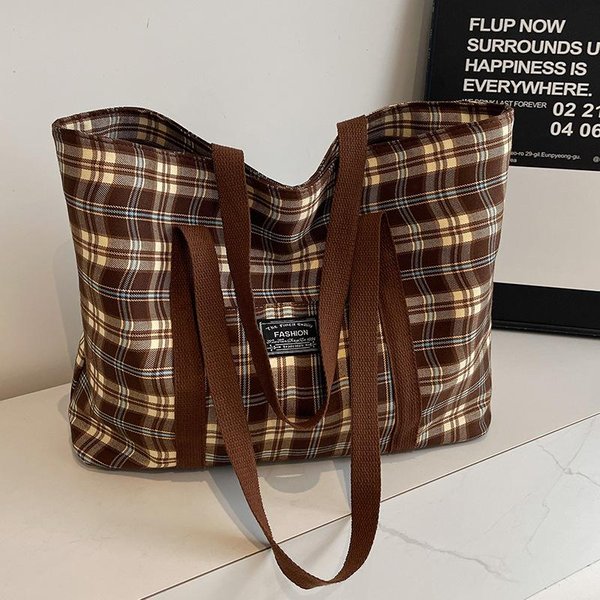 Bolso A Cuadros De Gran Capacidad Para Mujer Nuevo Bolso De Mano Para Ir Al Trabajo De Un Solo Hombro Para Mujer Ins Bolso Tote Para Clase Para Estudiantes Universitarios Gray-image