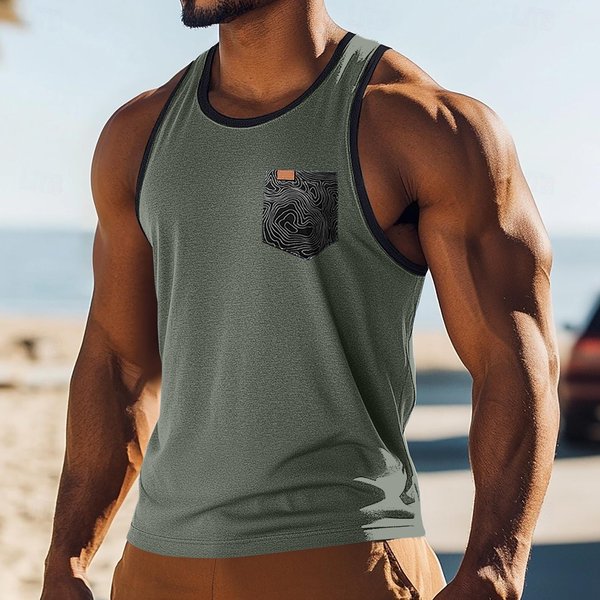 Camiseta Sin Mangas Para Hombre Con Ribete Y Bolsillo En El Pecho Estampado Corte Relajado Tejido Suave Transpirable Top Para Uso Diario M Verde-image