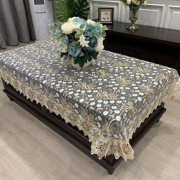 Mantel Rectangular Lujo Bordado Encaje Cubierta Redonda Mesa Flores Elegante Falda De Mesa Tela Mesa Comedor Bandera Mesa Toallas 120X180Cm Gray-image