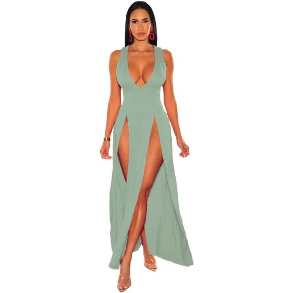 ReciéN Llegados Vestidos Sexis De Mujer Con Abertura Alta Sin Mangas Con Escote En V Profundo Y Abertura Alta Vestidos Largos De Fiesta Ajustados De Verano Rojos S-image