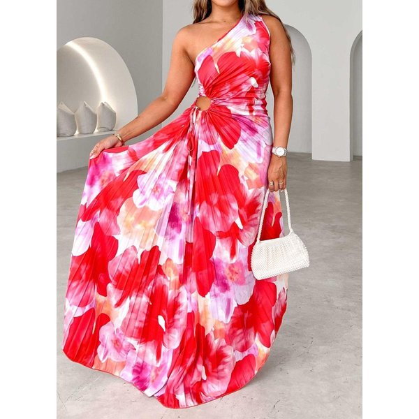 Vestido Largo De Mujer De Un Hombro Sin Mangas Ajustado De Cintura Media Con Estampado De Cebra Plisado Vestido De Verano XL-image