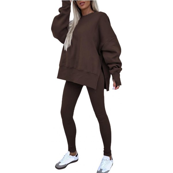 2 Sztuki/Zestaw Damski Komplet Top Spodnie OkrąGłY Dekolt DłUgi RęKaw NieróWny Dół Bluza Z Kapturem Elastyczna Talia Jednokolorowe Spodnie Zimowy Codzienny W XL Kawowy-image