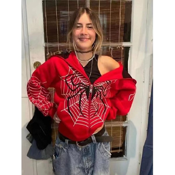Sudadera Con Capucha Con Cremallera Y Estampado De TelarañA De OtoñO E Invierno S Rojo-image