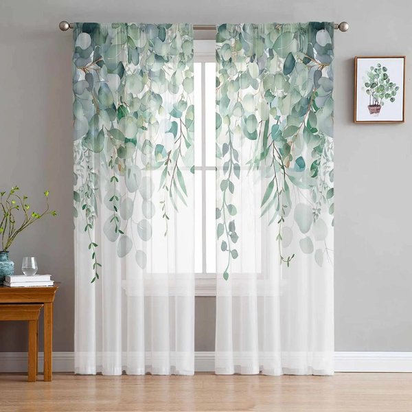 Hojas De RatáN Verde Planta Cortinas TraslúCidas De Gasa Blanca Para DecoracióN De Sala De Estar Dormitorio Visillos De Ventana Tul Cortinas W135 X H137Cm X1&Rod Pocket-image