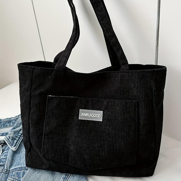 Jednokolorowa Torba Shopper, Modna Torba Na Ramię, Uniwersalna Sztruksowa Torebka, Klasyczna Portmonetka Damska Black-image