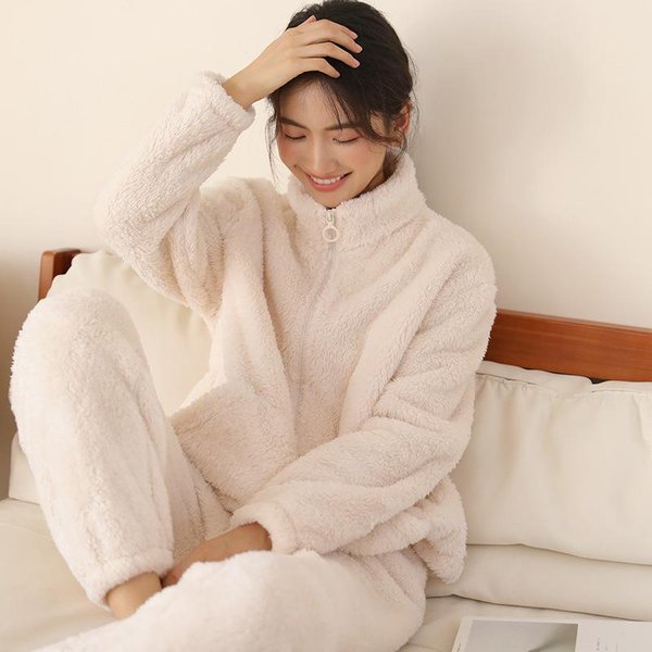 Conjunto De Pijama De Terciopelo Coral De Invierno Para Mujer Franela Gruesa Manga Larga Cuello Alto Pantalones Conjunto De Pijama Franela Suelta Ropa Para El Hogar M Beige-image