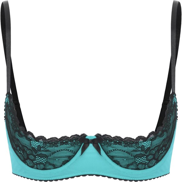 LenceríA Sexy En Contraste Para Mujer, Tirantes Finos Ajustables Con Aros, Media Copa De Encaje, Sujetador Push-Up, Ropa Interior XL Turquesa-image