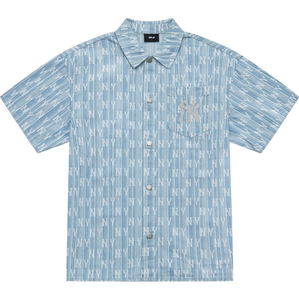 MLB New York Yankees SS24 Estampado Integral BotóN ÚNico Casual CóModa Camisa De Mezclilla De Manga Corta Unisex Camisas Azul Claro 3ADRM1043-50BLL XS Gray-image