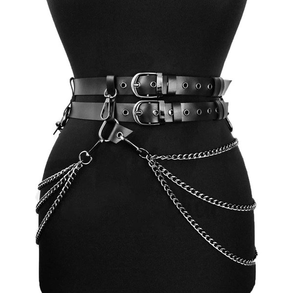 CinturóN Negro De Cuero Estilo Punk Con Cadena Para Mujer - Moda CinturóN De Cintura Con Hebilla Doble Y Cadena MetáLica Para Atuendo De Fiesta 97.5Cm-image