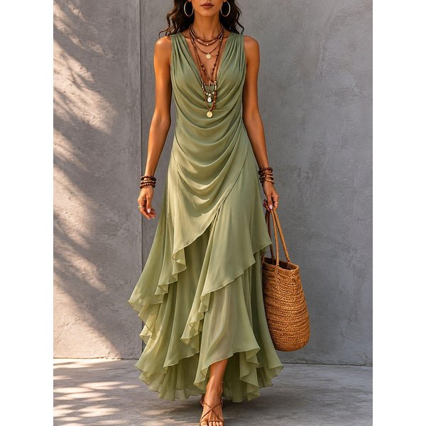 Vestido De Verano De Gasa Sin Mangas Con Cuello En V Y Dobladillo Con Volantes Para Mujer Europeo Y Americano Small-image