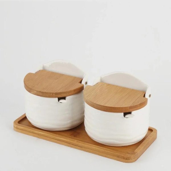 Juego De Tarros De Especias De CeráMica Tapa De Madera Bandeja De Bambú Tarro Para Condimentos Con Cucharas Contenedor De Almacenamiento Para AzúCar Sal Especias De Cocina Tarro Para Condimentos-image