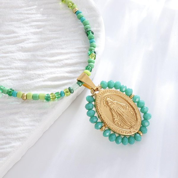 Klasyczny Katolicki Srebrny Kolor Dziewica Maryja Metalowy Medal Wisiorek Naszyjnik Religijny Styl Modlitwa Amulet BiżUteria Al19970-Greem-image