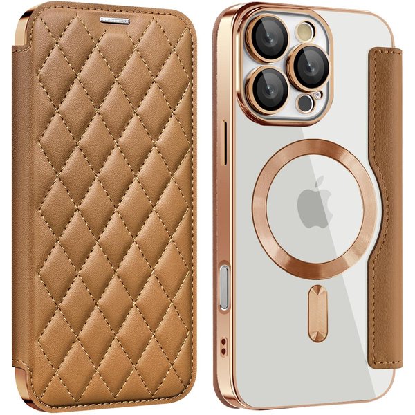 Magnetyczny Portfel SkóRzane Etui Na Telefon Dla Iphone 17 Air 17Pro Max 15 Pro Max 16 Plus 13 12 11 Bezprzewodowe ŁAdowanie Klapka Magsafe Uchwyt Na Karty Iphone 13 Pro Max BrąZowy-image